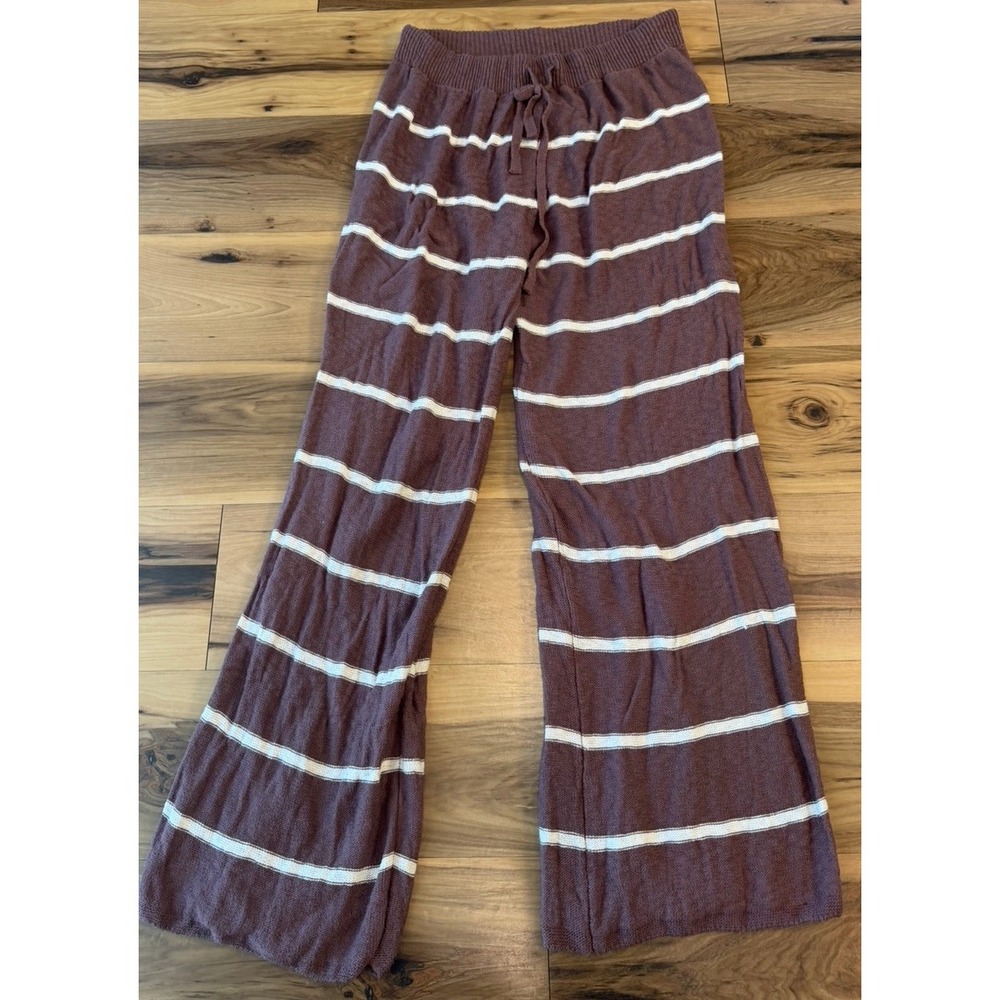 American Eagle Striped Knit Lounge Pants L Brown Cream Wide Leg Drawstring
